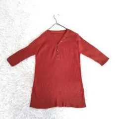 【グレイル】リブ編み セーター M 七分袖 ぴったりフィットオレンジ Vネック