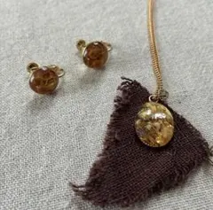 ハンドメイド　レジン　イヤリング&ネックレス　　 フラワー　ブラウン系