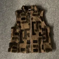90s vintage ボアベスト　ファーベスト　総柄　古着　個性的　ブラウン