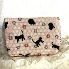 猫シルエットポーチ 3ジッパー付き ちりめん 和風 黒ネコ クロネコ