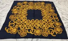 ★CHANEL100%シルク ネイビー ゴールド スカーフ