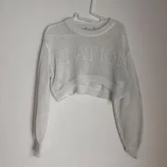 ラブトキ　ホワイト クロップドメッシュ長袖カットソー