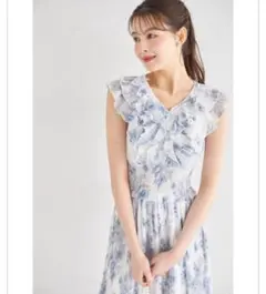 フリル付きパール装飾ウエストシャーリングフラワープリントプリーツワンピース