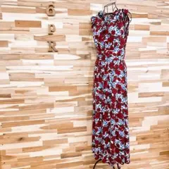 【ザラ】花柄 ショルダー リボン ノースリーブ ロング ワンピース レーヨン M