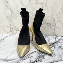 正規JIMMYCHOO ジミーチュウ ゴールドブラックバイカラーソックスブーツのサムネイル