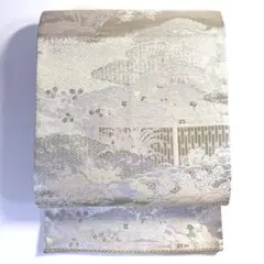 6k773 袋帯　絹　王朝錦　銀色　金色　白　ピンク　花柄　和装　着物