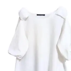 イング【M】シフォン トップス 五分袖 レース 肩リボン オフホワイト