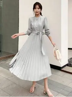 ワンピース レディース ロング シフォン プリーツ 長袖 おしゃれ 着痩せ 灰