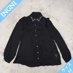 イング　ワイシャツ　ブラウス　ブラック　透け感　ビジュー　襟　レース　長袖　春