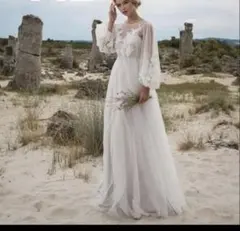 フラワー刺繍入りホワイトロングドレス L 前撮り