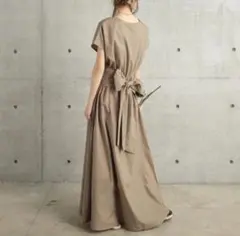 Sov ダブスタ カシュクールワンピース マキシ丈 リボンベルト ベージュ