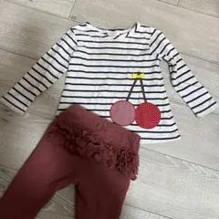 ベイビーチア　プティマイン　ストライプさくらんぼトップス　フリルパンツセット