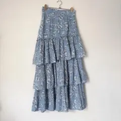 Mサイズ★archive 水色×白 花柄ティアードロングスカート★USED美品のサムネイル
