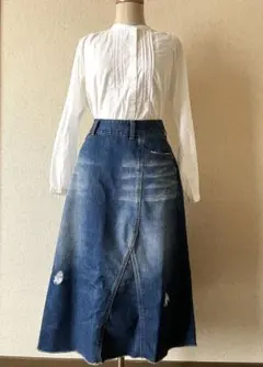 FIL DE FER デニム Aライン ロングスカート ダメージ加工