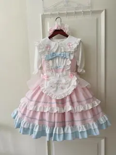 ハートエプロン ロリータ メイド風 ピンク × 水色 ワンピースのサムネイル