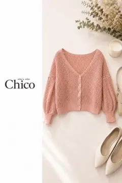 chicoチコ　透かし編みカーディガン ピンク ショート丈 Vネック 春ニットのサムネイル