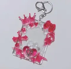 トレカケース レジンデコ 赤ピンク×クリア キラキラ 王冠 リボン 鍵 y2k