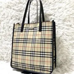 【A4対応】バーバリー トートバッグ ノバチェック ロゴプレート ナイロン 黒