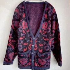 ヴィンテージ風 花柄ニットカーディガン 総柄 レトロ パープル L相当　海外古着
