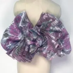 花柄　兵児帯 パープル系 光沢生地 フリル 浴衣用 へこ帯　銀色　やや光沢あり