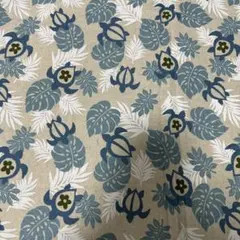 青と白の葉柄 綿麻生地