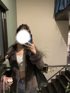 ブラウン スエード ファー付きコート　毛皮