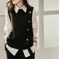 ニットベスト レディース トップス ノースリーブ セーター ボタン付 ブラック