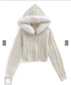 未使用)GRL ファーフードダブルジップケーブルニットカーディガン