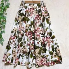 a1090春色ZARA ボタニカル花柄フレアロングスカートS ウエスト総ゴム
