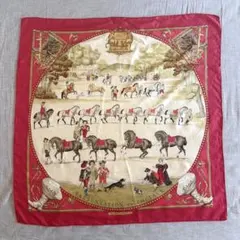 HERMES エルメス スカーフ カレ90 シルク 乗馬モチーフ レッド系