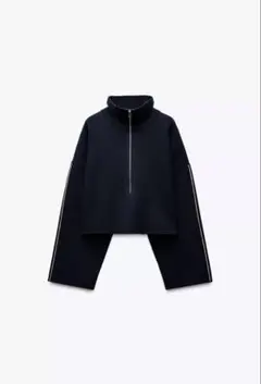 ZARA パイピング付き　ショート丈　ニット　スウェット　シャツ　ネイビー
