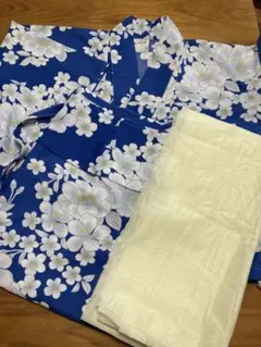 青色花柄浴衣・帯・下駄セット 150サイズ