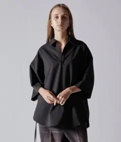 /ヘリンボーンTR半袖サイドレーススキッパーシャツ S ブラック