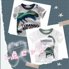 グレー恐竜白恐竜男の子半袖男児Tシャツ普段着100サイズ 2枚セット