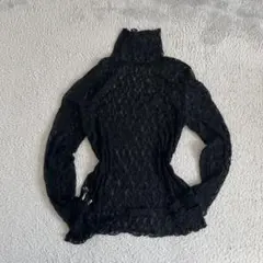 黒 総レース シアートップス ハイネック インナー 韓国 透け感 フリル 長袖