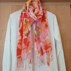 美品　花柄フリンジストール ピンクオレンジ