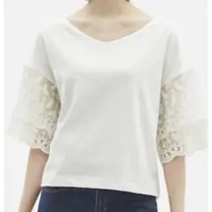 2609美品【GU】レーススリーブプルオーバートップス(M)シースルー　清楚