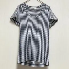 【ファビアンルー】半袖Tシャツ ストライプ柄 白 紺 綿混 日本製 レディース