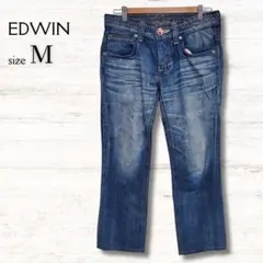 エドウィン EDWIN ストレートデニム 刺繍 ステッチ デザインボタン M 青