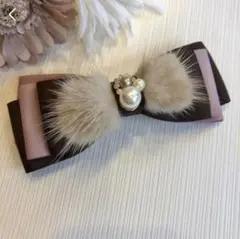 ブラウンモーヴピンクモカファーリボンビジュー付き