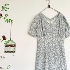Heather/フラワープリントワンピース Vネック パフスリーブ 小花柄 F