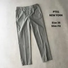美品 PT01 NEWYORK スリムスラックス ライトカーキ 38 裾スリット