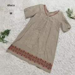 シュカ　チュニック　ワンピース　Vネック 半袖　リネン100%刺繍　M ベージュのサムネイル