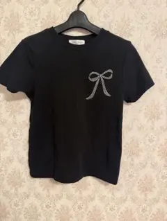 2回着用SNIDEL ORGANICS ラインストーンリボンTシャツ ブラック