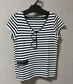 Adam et Rope' アダムエロペ モノトーンボーダー Vネックカットソー