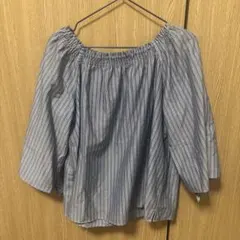 ストライプ 2way オフショル 五分袖ブラウス 袖口リボン付き
