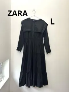 ZARA ザラ ティアードAラインセーラーカラーワンピース 黒 L パネルミディ