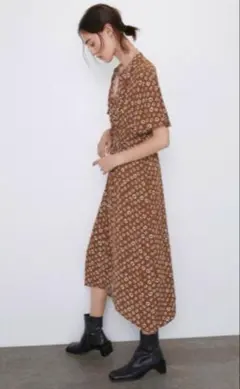 ZARA ザラ　花柄ワンピース　ブラウン　Lサイズ