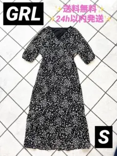 【美品】GRL ロングワンピース S 花柄 ブラック 可愛い 綺麗 袖あり★