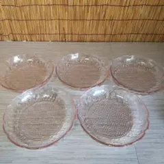 Y-421 透明ピンクフルーツ模様皿5枚セット